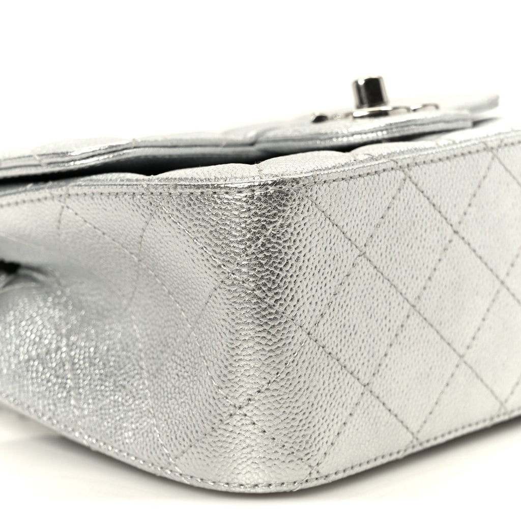 Chanel Metallic Caviar Quilted Mini Square CC Slide Flap Silver