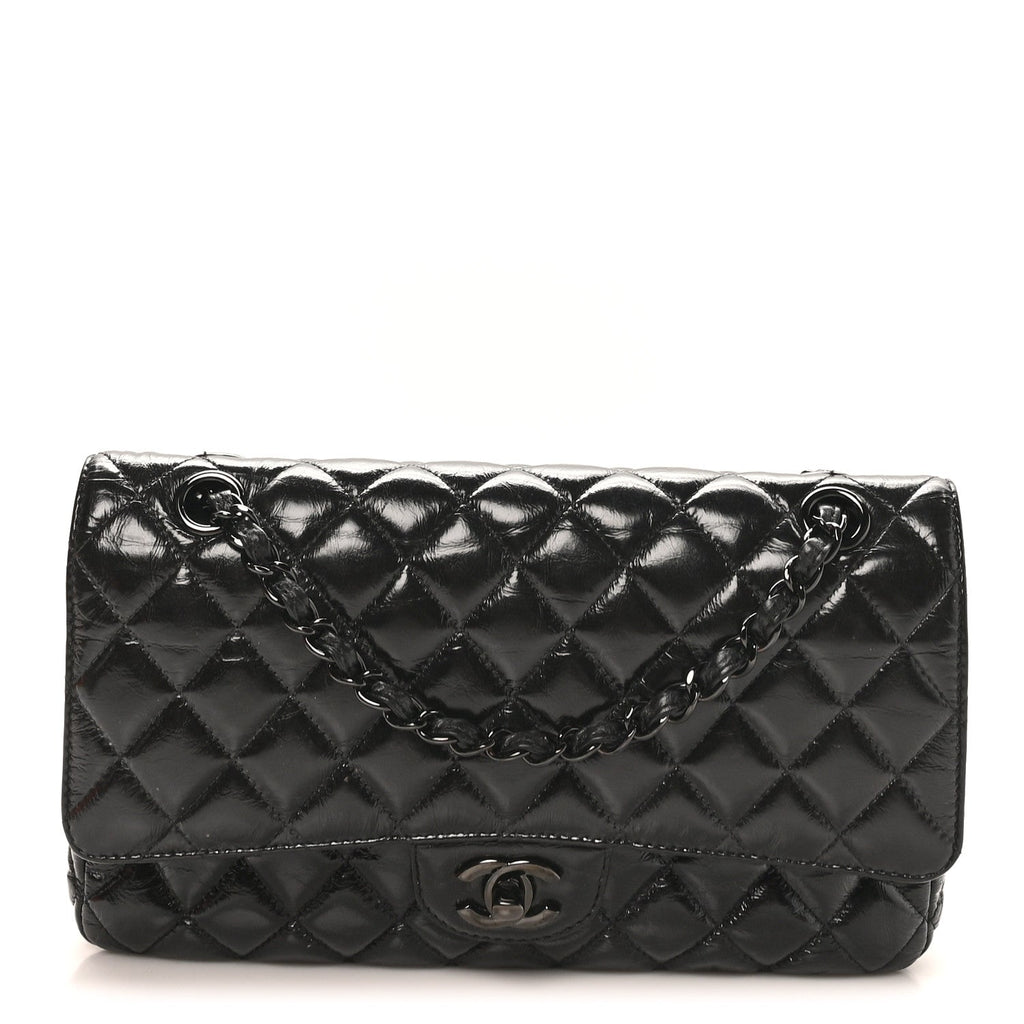 Chanel Shiny Crumpled Calfskin Quilted Medium Double Flap So Black
