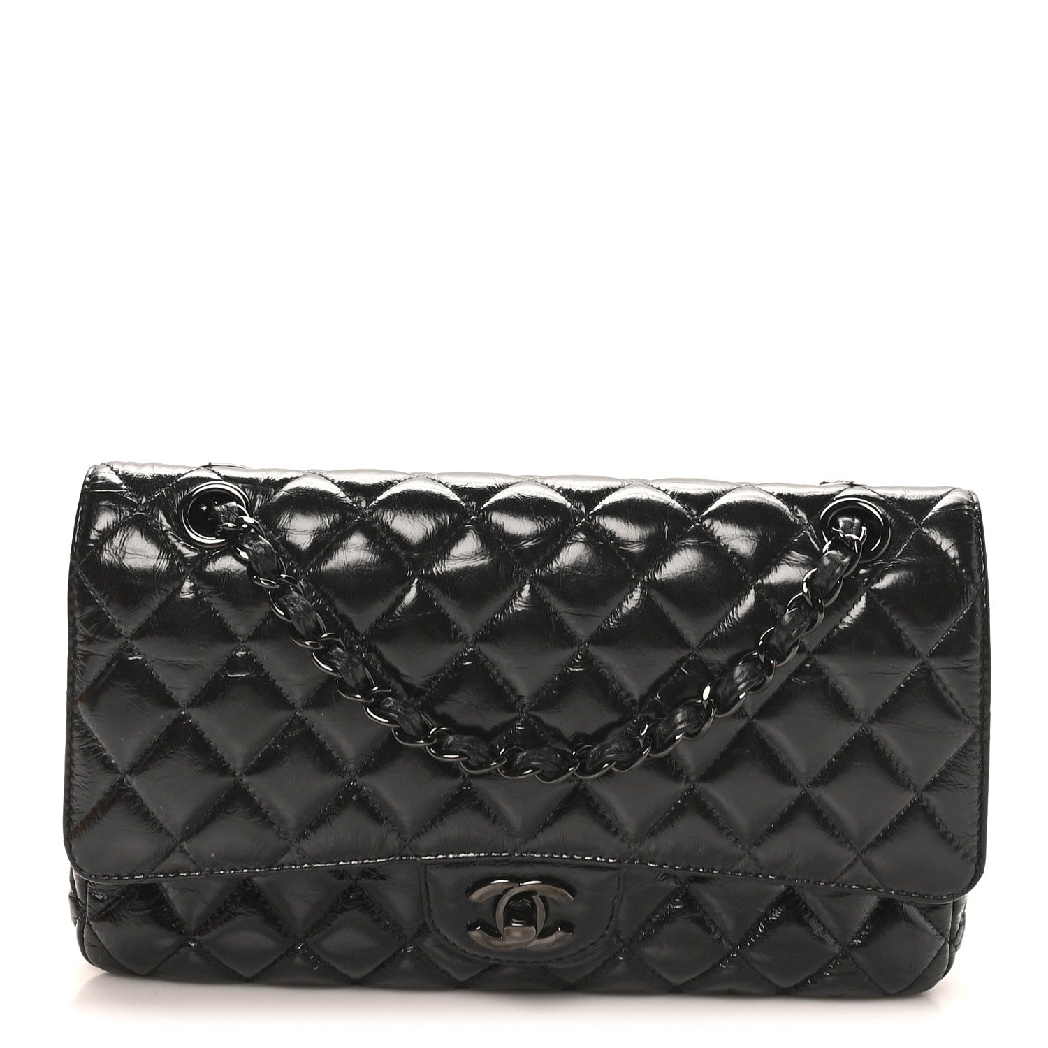 Chanel Shiny Crumpled Calfskin Quilted Medium Double Flap So Black