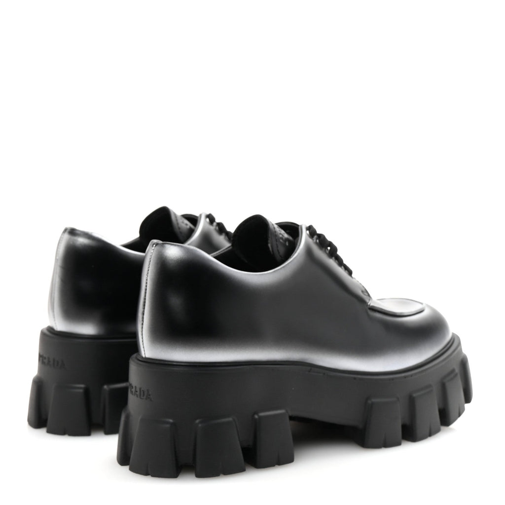 Prada Spazzolato Rois Sfumato Monolith 55mm Derby Loafers 38.5 Black Argento