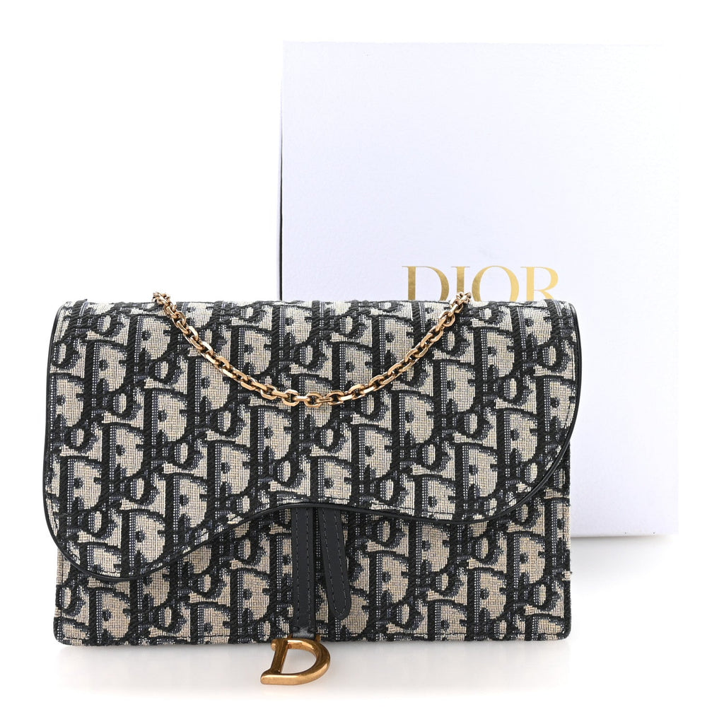 Christian Dior Oblique Saddle Chain Pouch Blue