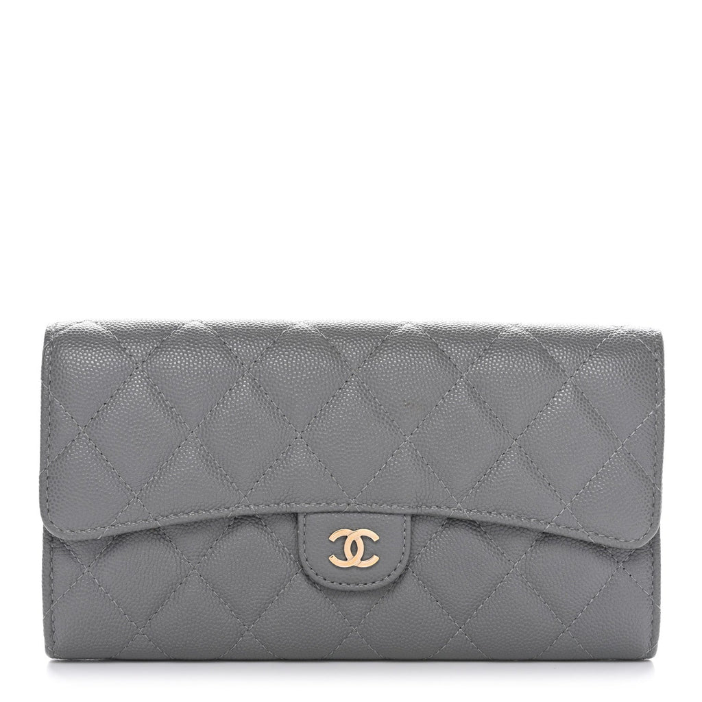 Caviar Quilted Large Gusset Flap Wallet Grey