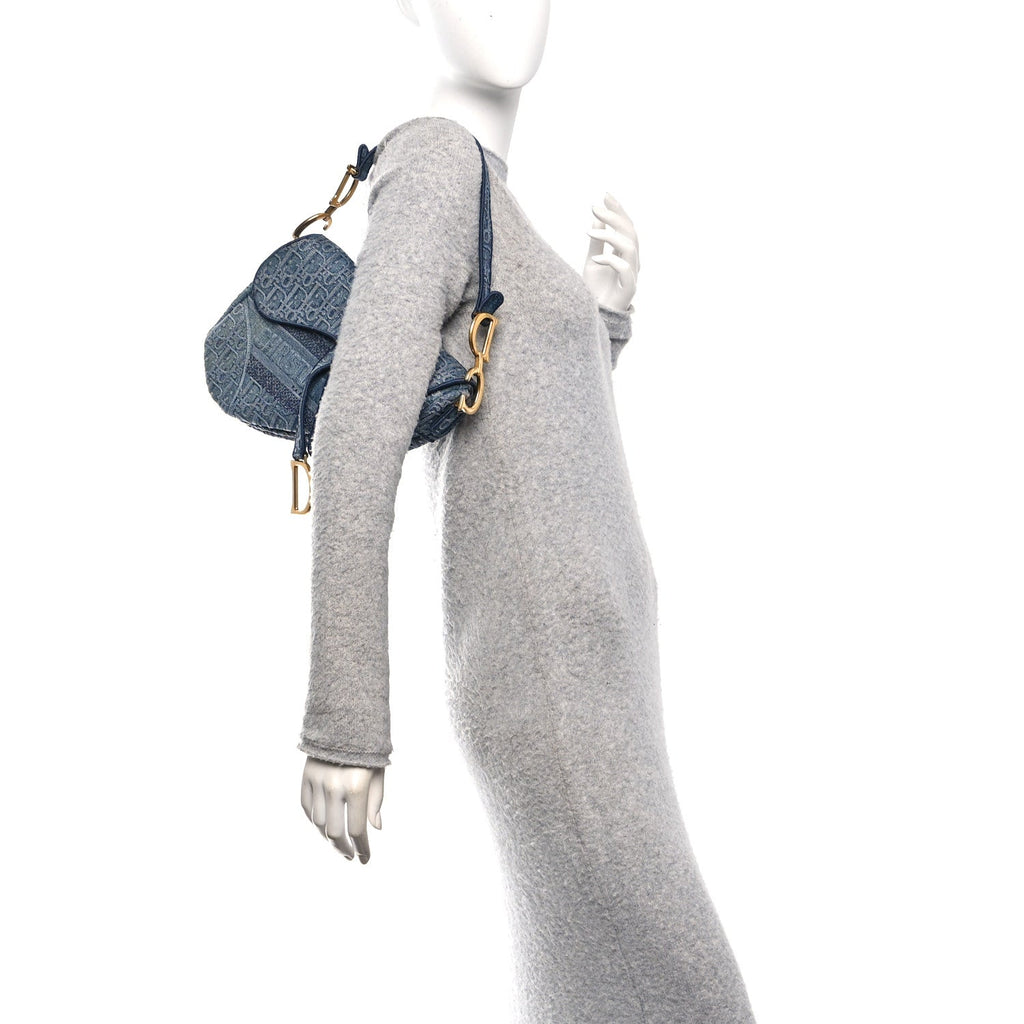 Christian Dior Oblique Embroidered Saddle Bag Denim Blue