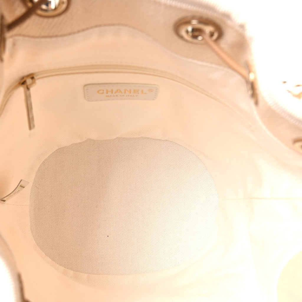 Chanel Canvas Pearl Deauville Drawstring Bucket Bag Ecru Beige