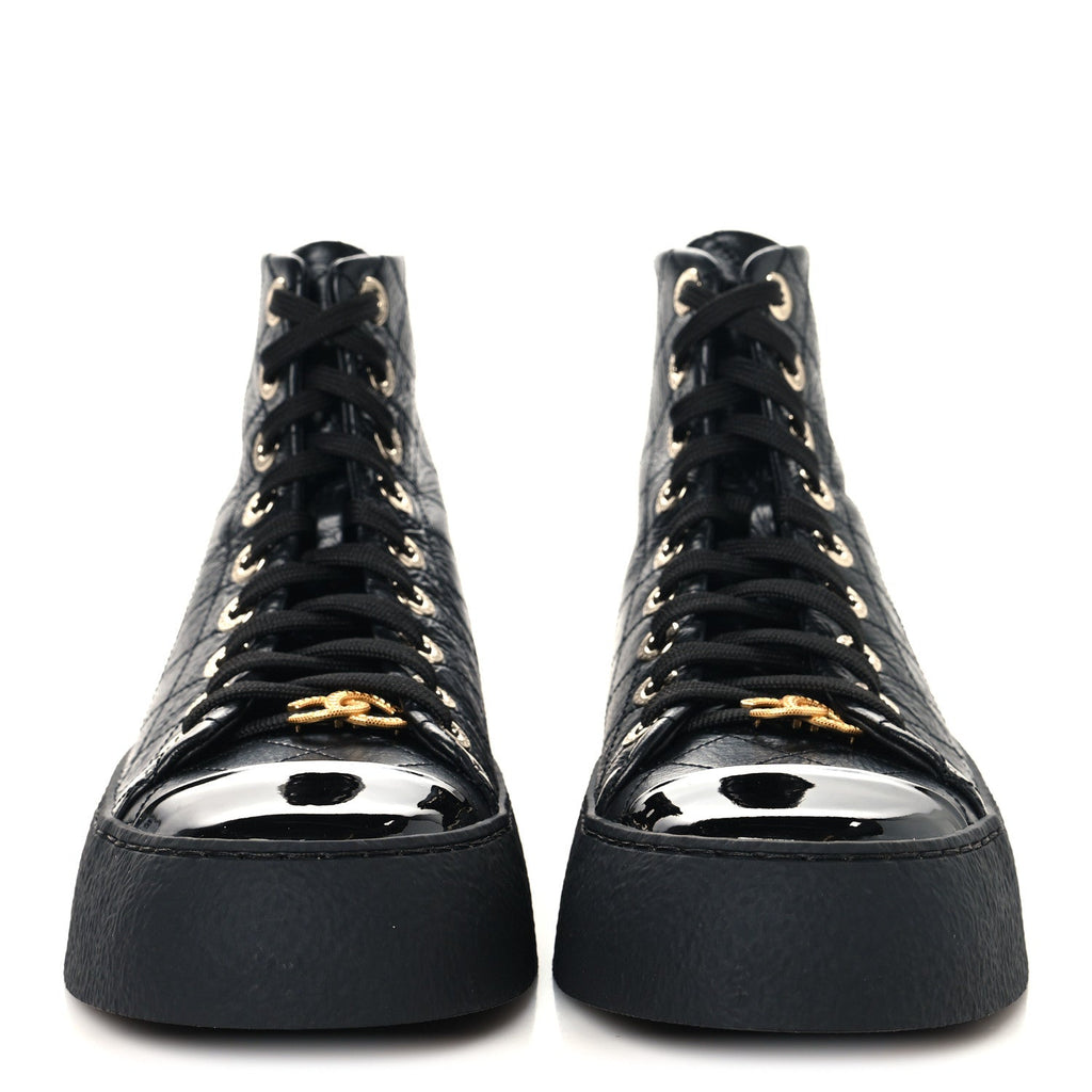 Crumpled Lambskin Patent Cap Toe CC Stitched High Top Sneakers 37.5 Black