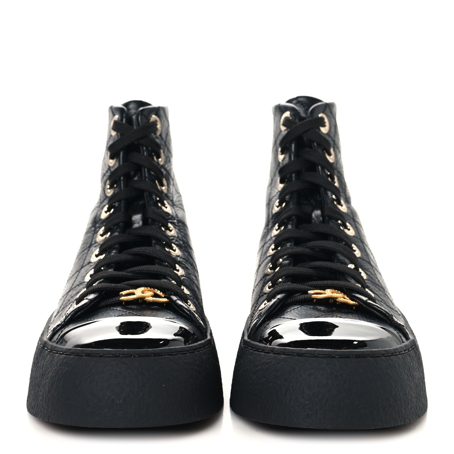 Crumpled Lambskin Patent Cap Toe CC Stitched High Top Sneakers 37.5 Black