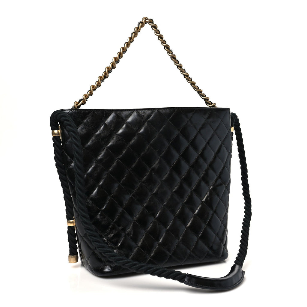 Chanel Crumpled Calfskin En Vogue Rope Hobo Bag Black