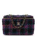 Chanel Tweed Quilted Small Vanity Case With Chain Black Purple Green Red