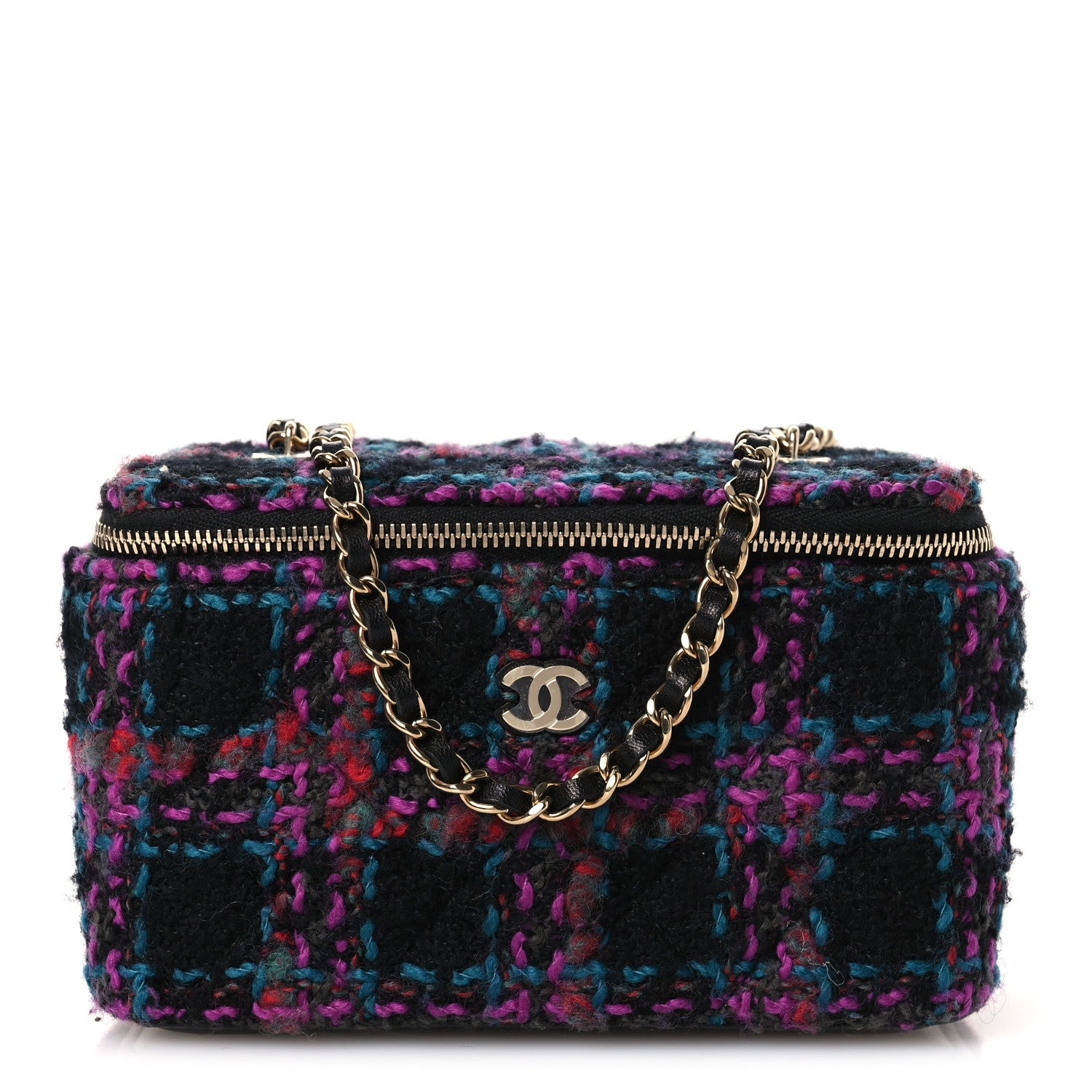 Chanel Tweed Quilted Small Vanity Case With Chain Black Purple Green Red