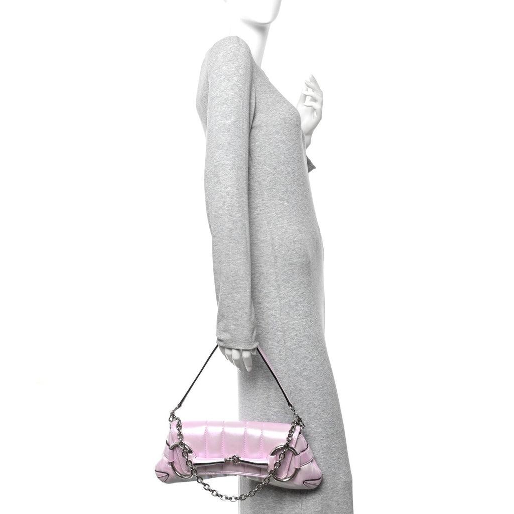 Gucci Iridescent Nappa Vertical Matelasse Medium Maxi Horsebit Chain Shoulder Bag Escape Pink