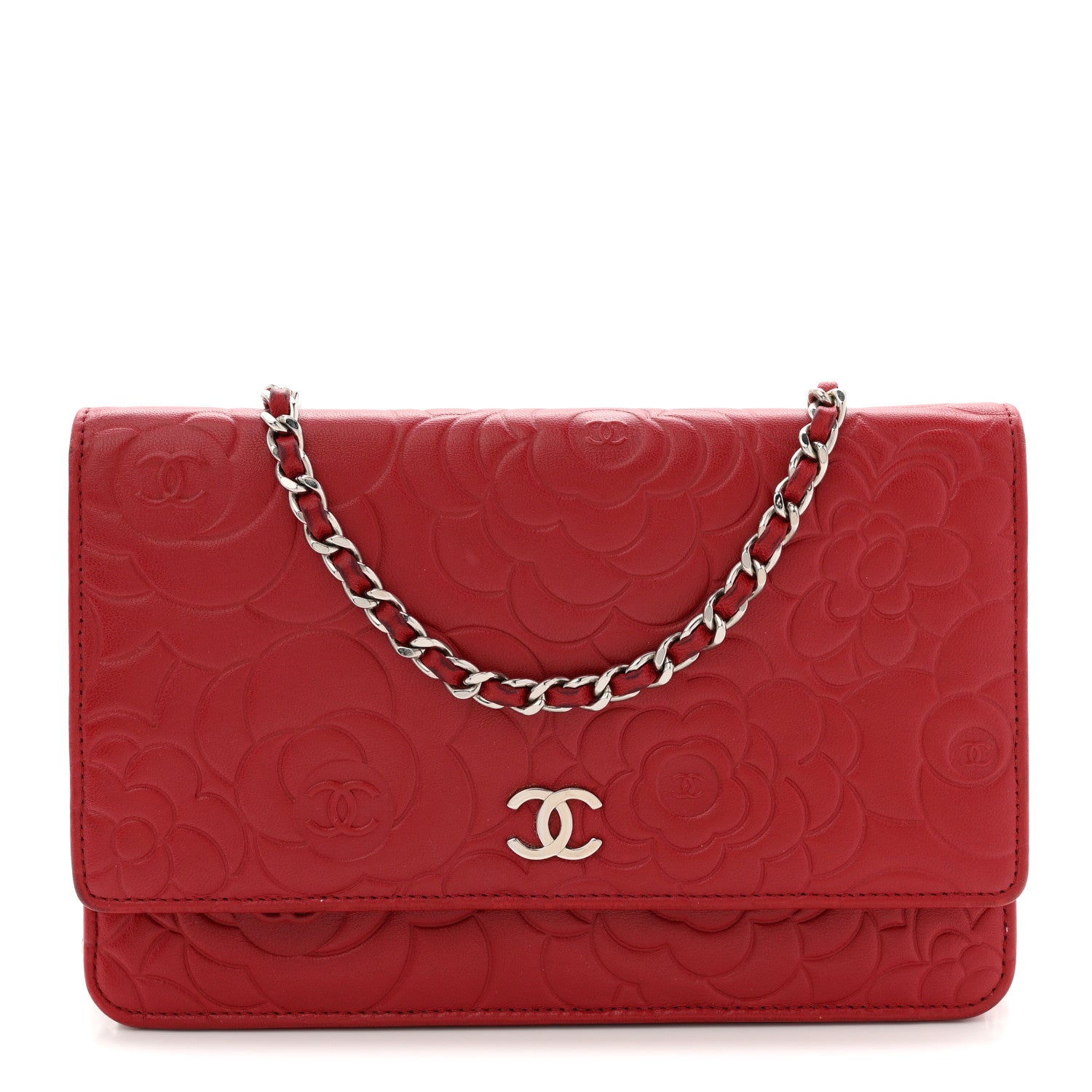 Chanel Lambskin Camellia Embossed Wallet On Chain WOC Red