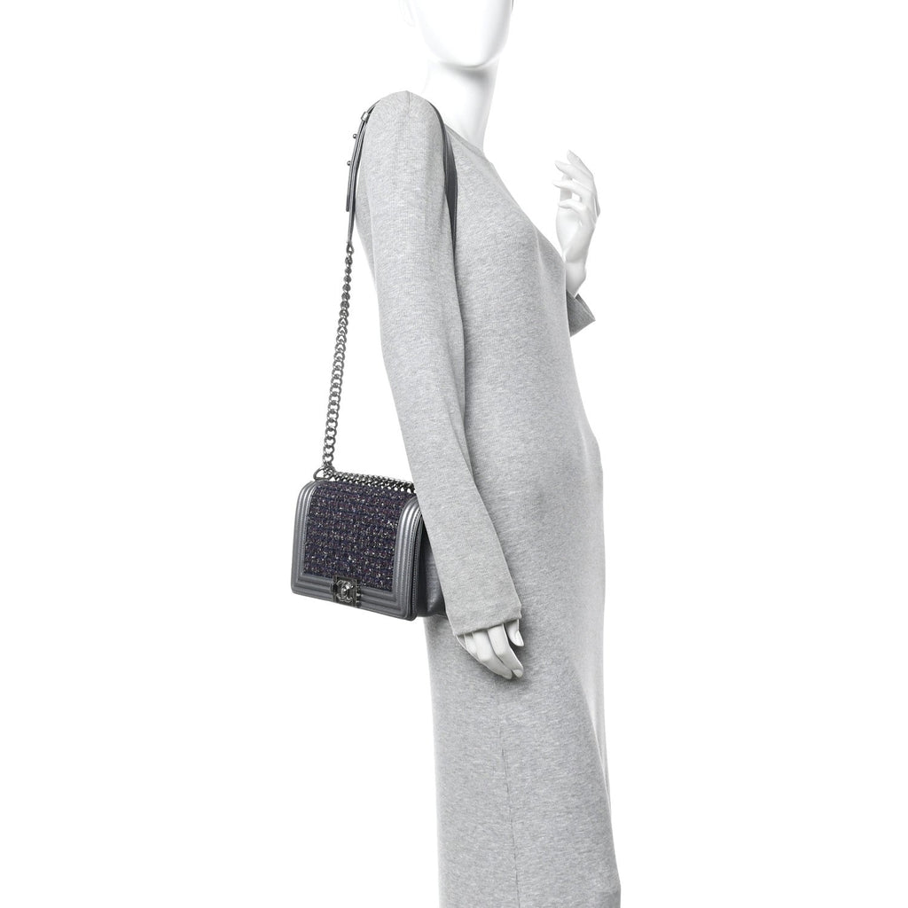 Chanel Tweed Metallic Lambskin Medium Boy Flap Silver