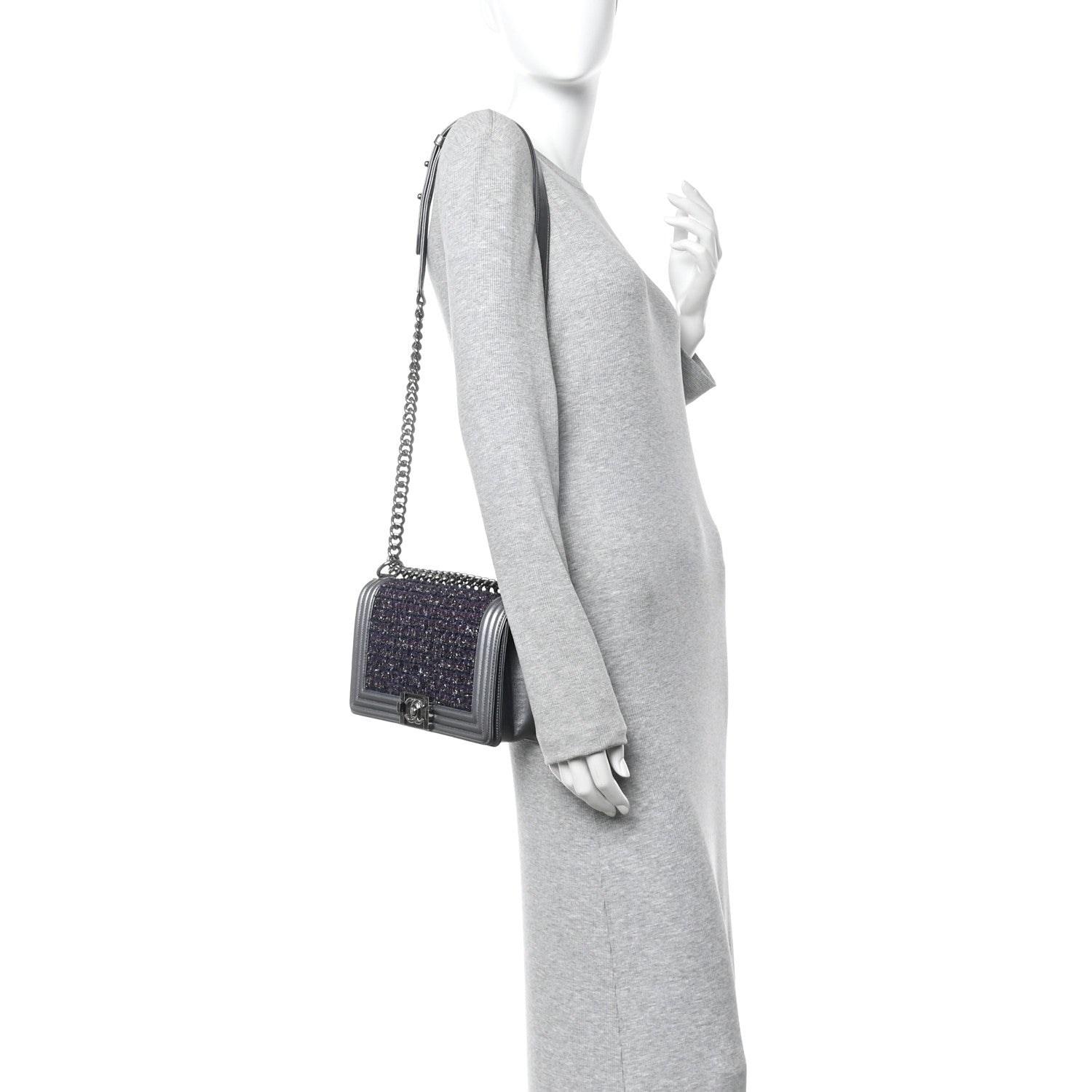 Chanel Tweed Metallic Lambskin Medium Boy Flap Silver