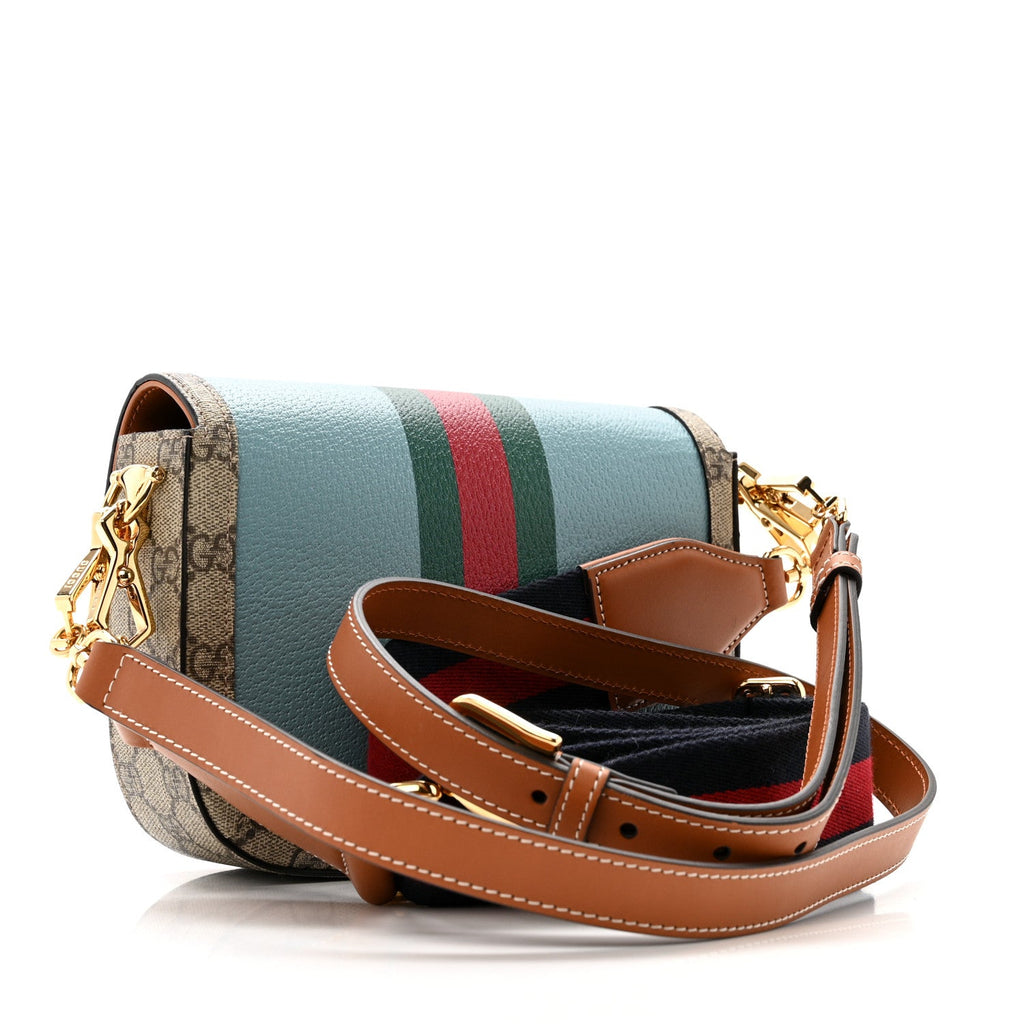 Gucci X DANS LE VERT Textured Dollar Calfskin GG Supreme Monogram Web Mini Horsebit 1955 Shoulder Bag Dusty Azure Beige Ebony