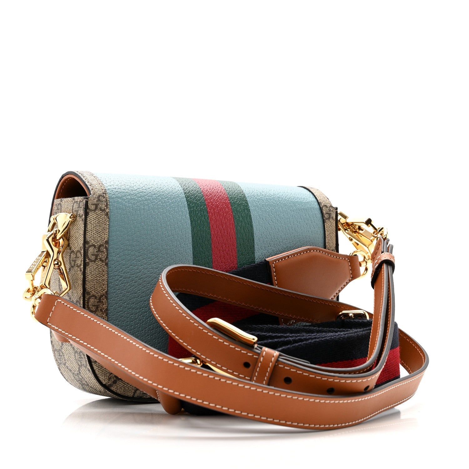Gucci X DANS LE VERT Textured Dollar Calfskin GG Supreme Monogram Web Mini Horsebit 1955 Shoulder Bag Dusty Azure Beige Ebony