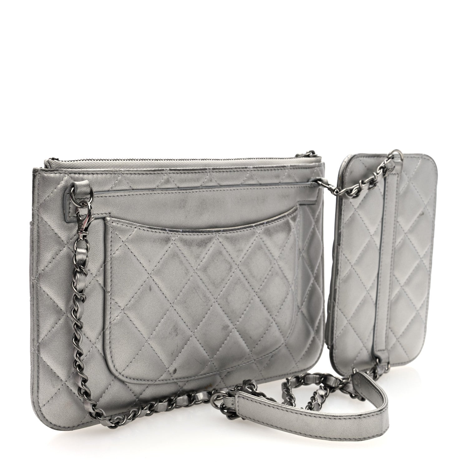 Chanel Metallic Lambskin Quilted Clutch With Chain Silver