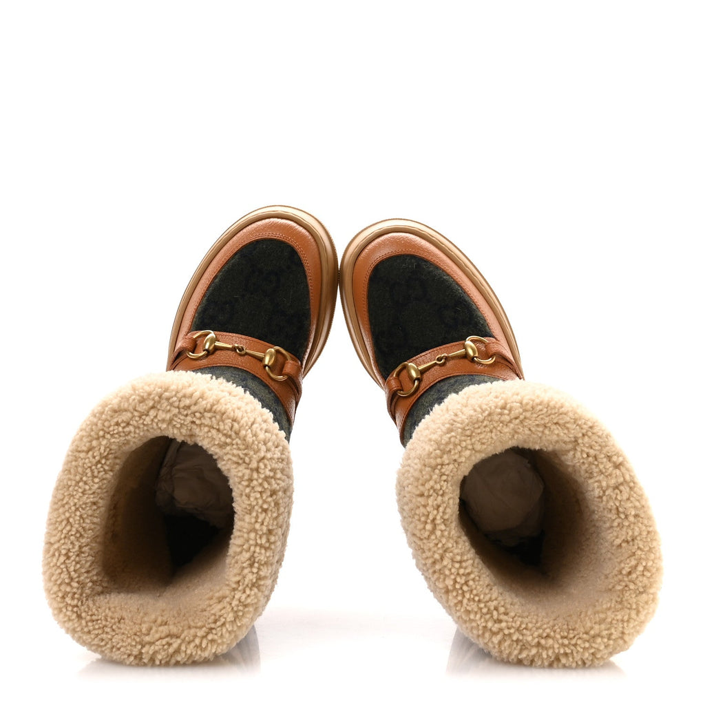 Gucci Covered Wool Monogram Textured Dollar Calfskin Shearling Horsebit Snow Boots 37 Underwood Blue Hazel Brown