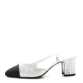 Chanel Strass Grosgrain Cap Toe CC Slingback Pumps 36 Silver Black