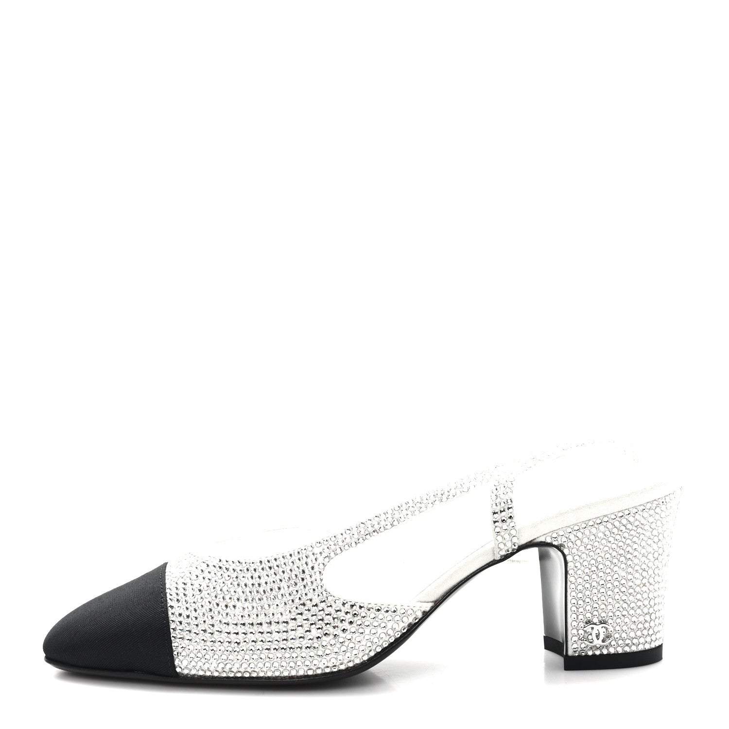 Chanel Strass Grosgrain Cap Toe CC Slingback Pumps 36 Silver Black