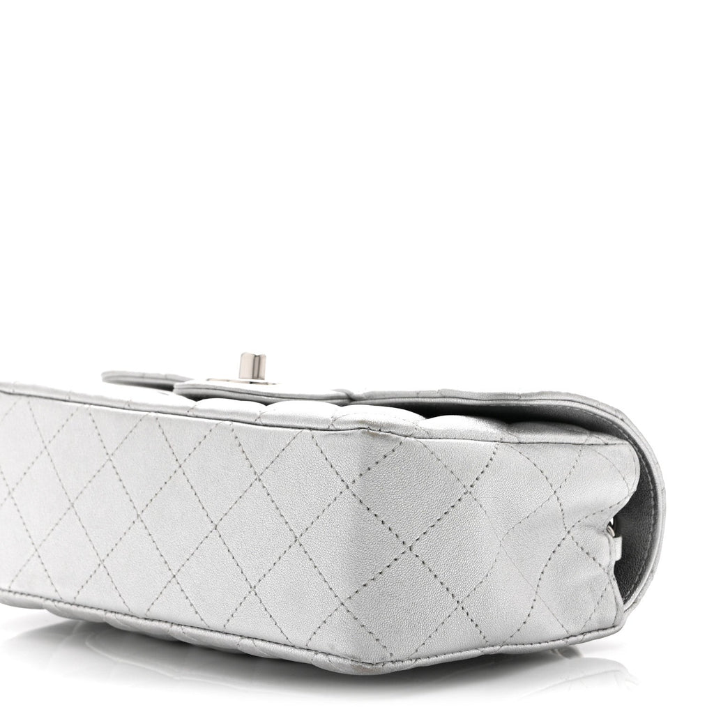 Chanel Metallic Lambskin Quilted Mini Rectangular Flap Silver