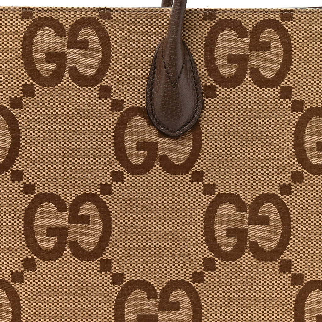 Gucci Monogram Jumbo GG Textured Dollar Calfskin Web Tote Bag Camel Ebony New Acero