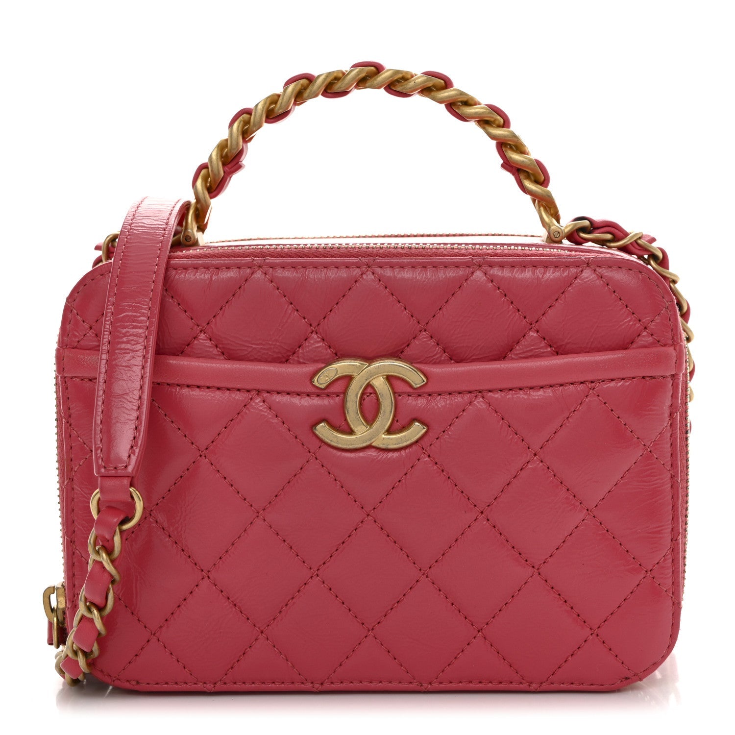 Chanel Crumpled Calfskin Quilted Small Get Round Top Handle Vanity Case Pink