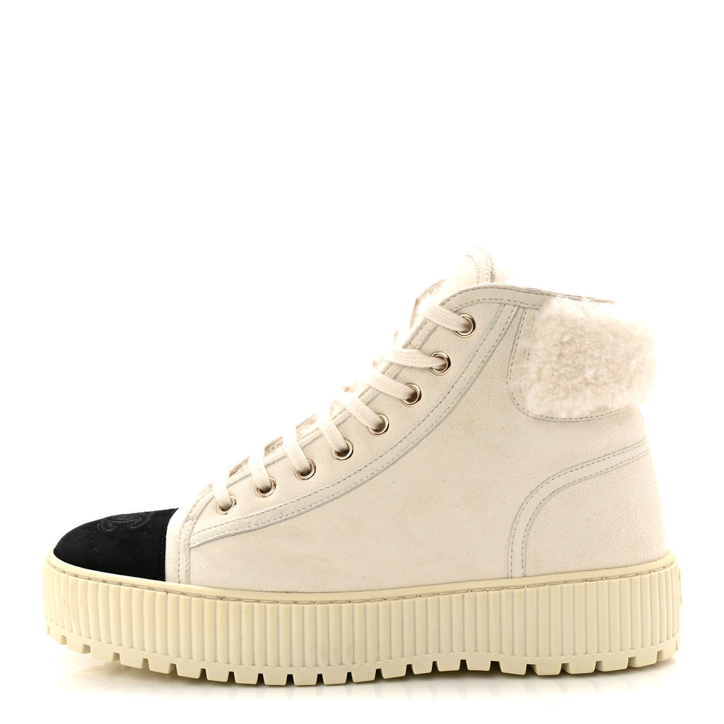 Kid Suede Shearling Sheepskin Lace Up Boots 38 Ivory White Black