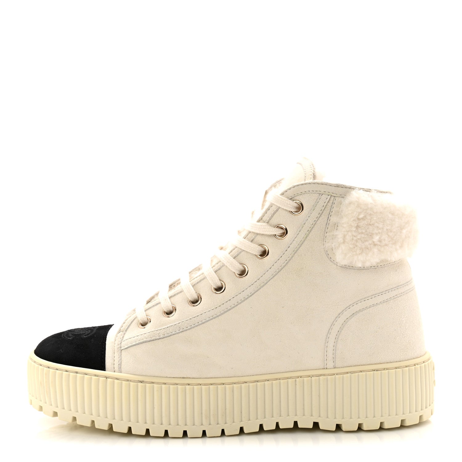 Kid Suede Shearling Sheepskin Lace Up Boots 38 Ivory White Black