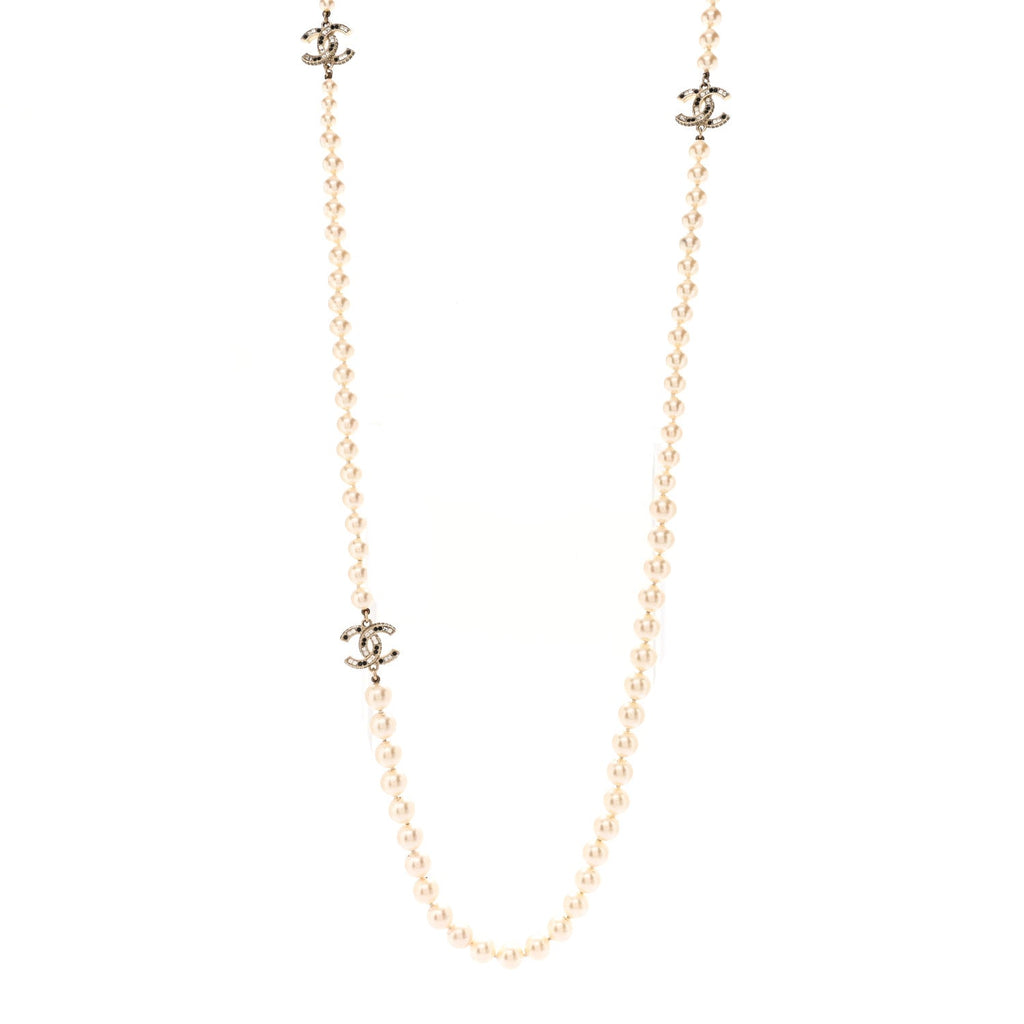 Baguette Crystal Pearl CC Long Necklace Black Gold