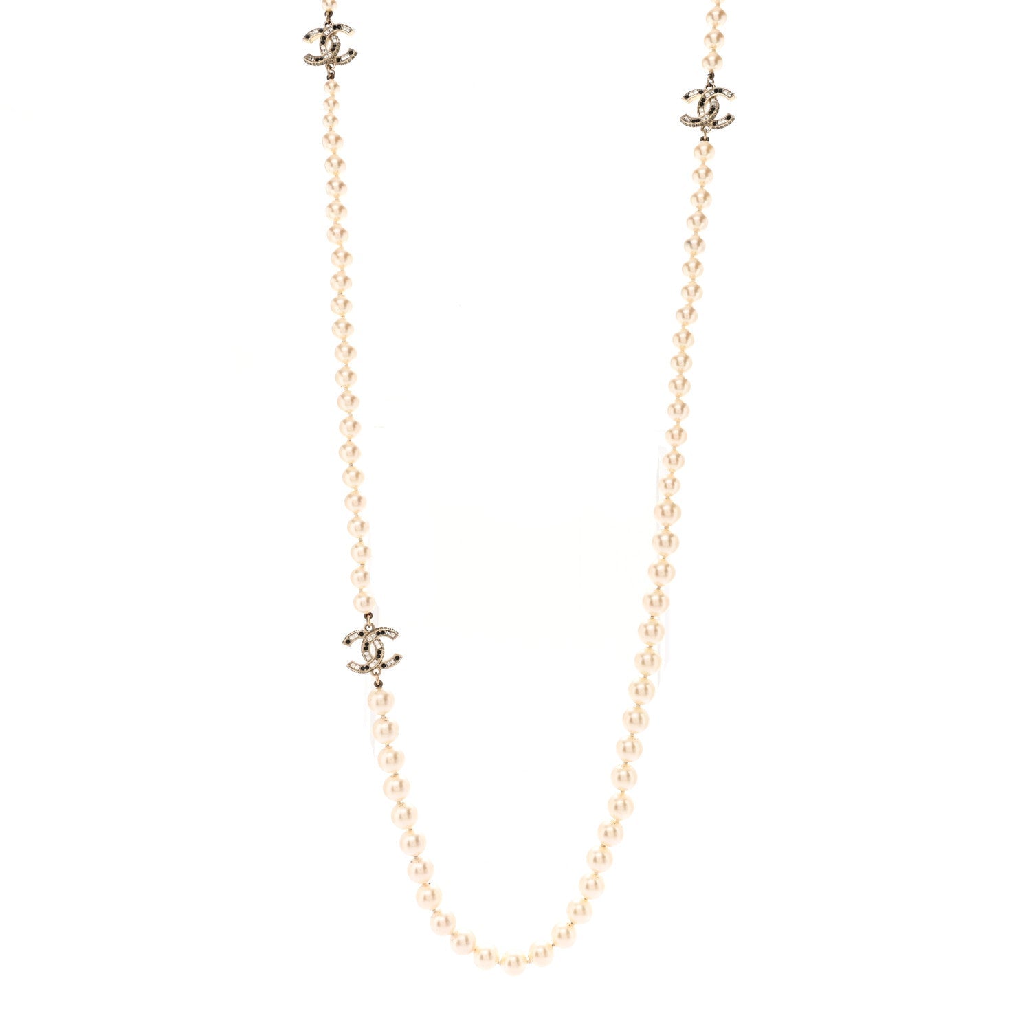 Baguette Crystal Pearl CC Long Necklace Black Gold