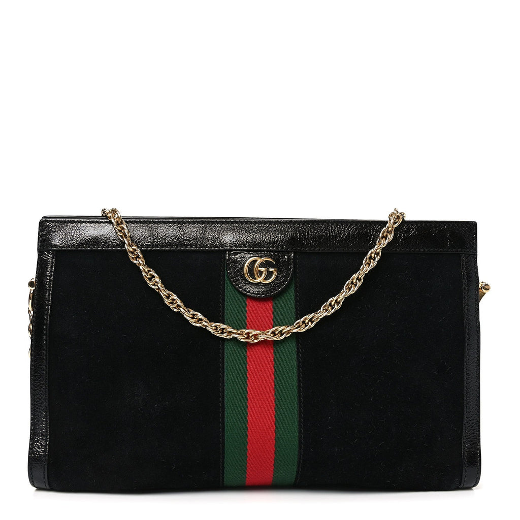 Gucci Suede Patent GG Web Medium Ophidia Chain Shoulder Bag Black