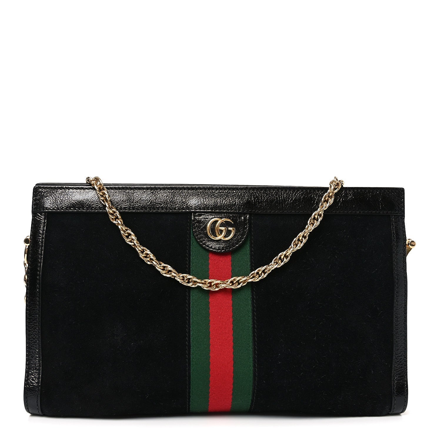 Gucci Suede Patent GG Web Medium Ophidia Chain Shoulder Bag Black