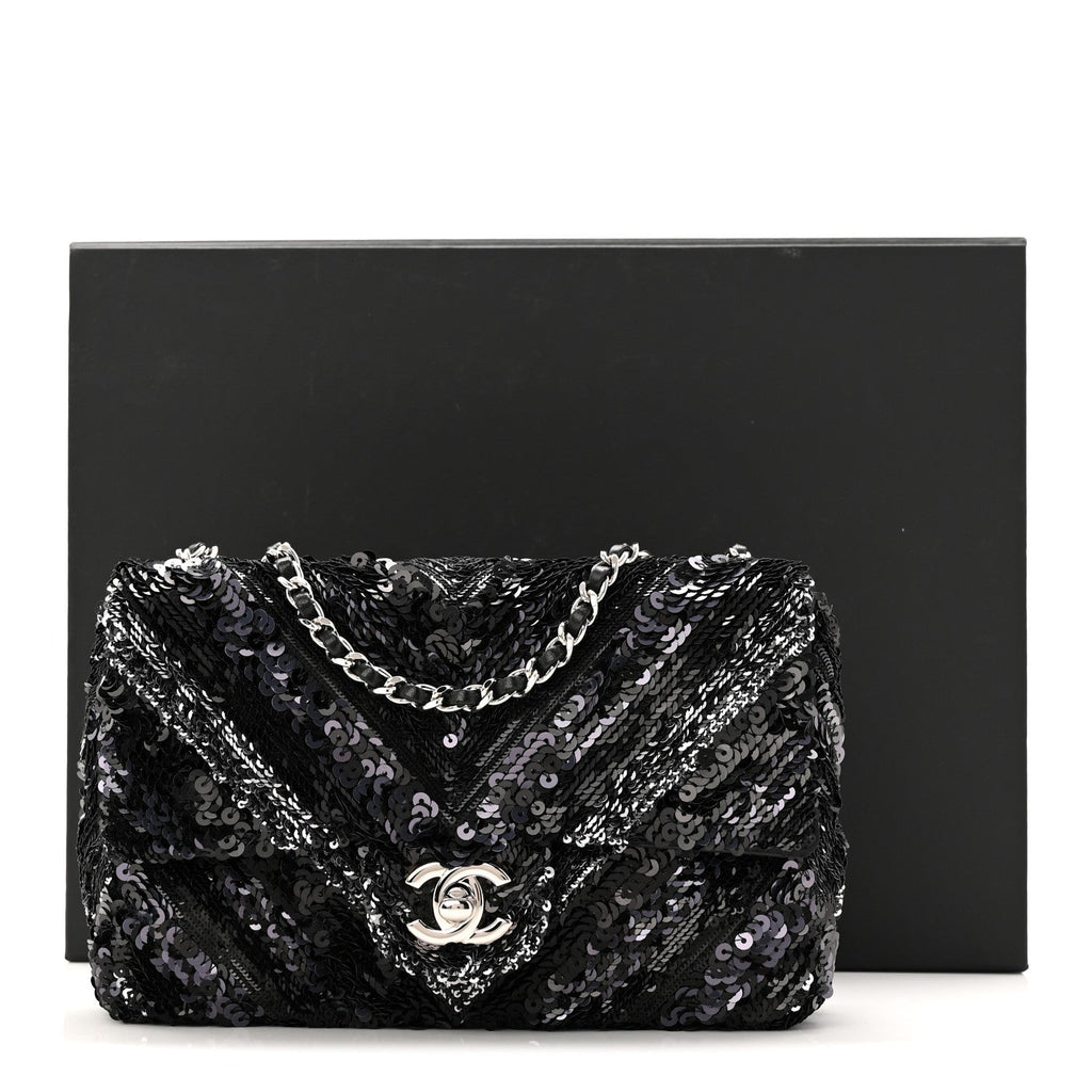 Chanel Sequins Chevron Mini Rectangular Flap Black