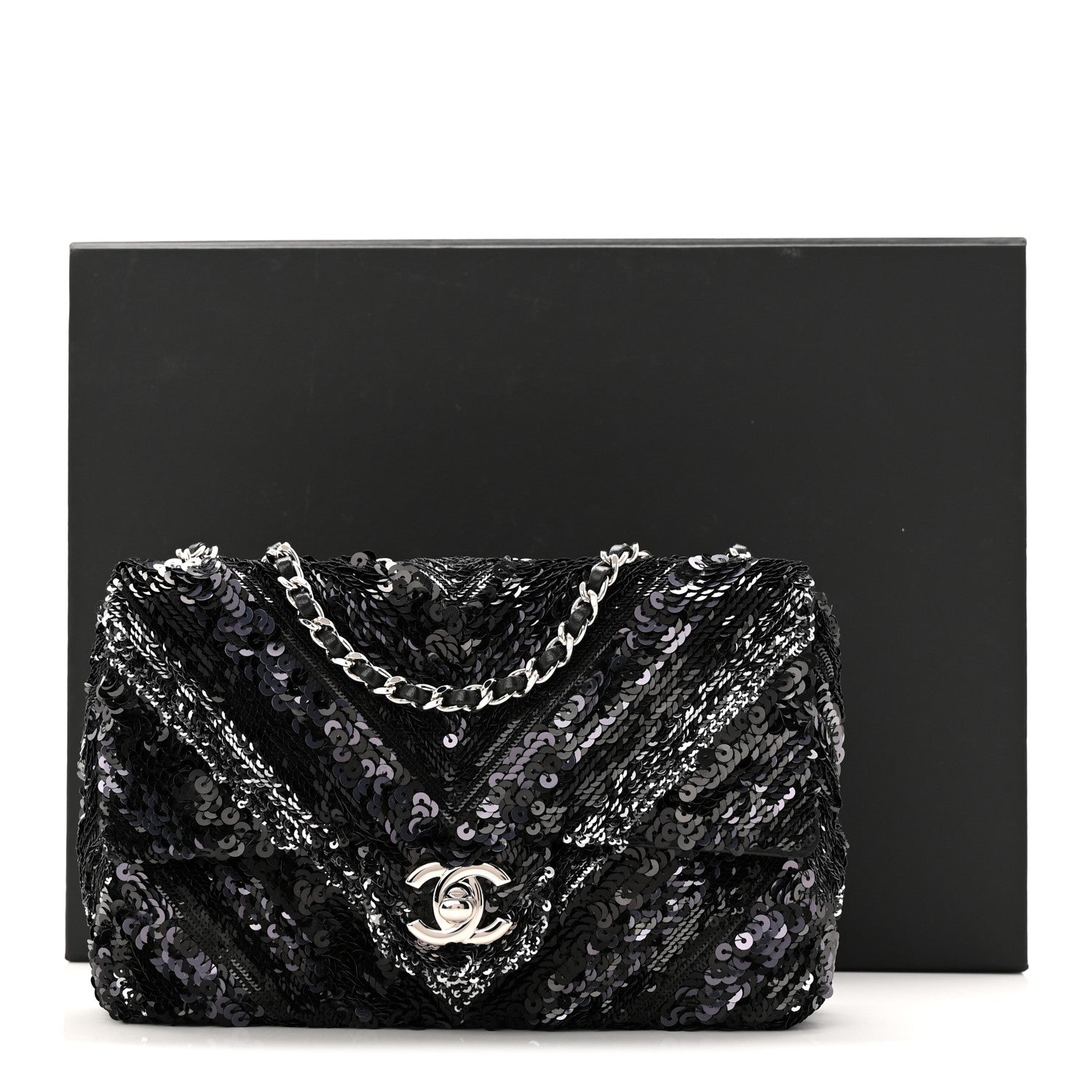 Chanel Sequins Chevron Mini Rectangular Flap Black