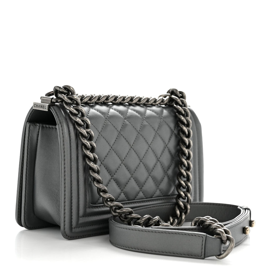 Chanel Metallic Calfskin Quilted Small Boy Flap Dark Silver