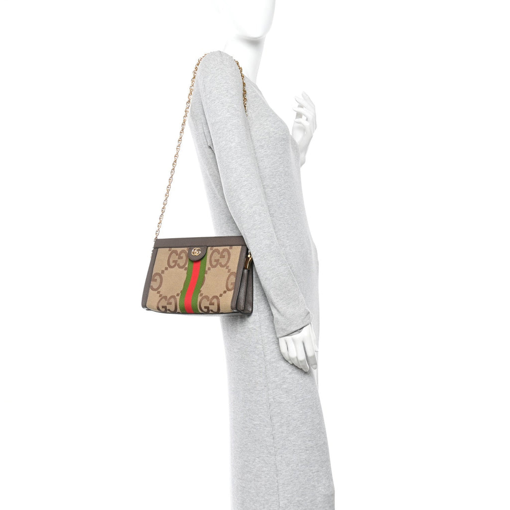 Gucci Monogram Jumbo GG Textured Dollar Calfskin Web Small Ophidia Chain Shoulder Bag Camel Ebony New Acero