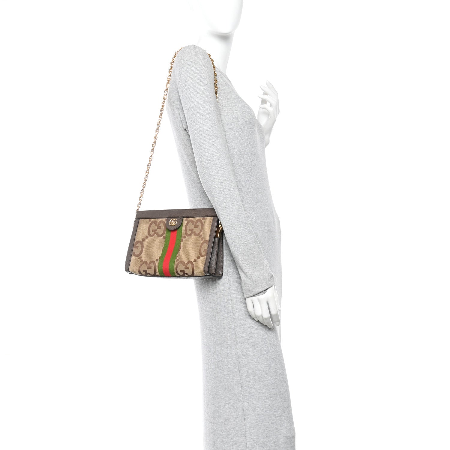 Gucci Monogram Jumbo GG Textured Dollar Calfskin Web Small Ophidia Chain Shoulder Bag Camel Ebony New Acero