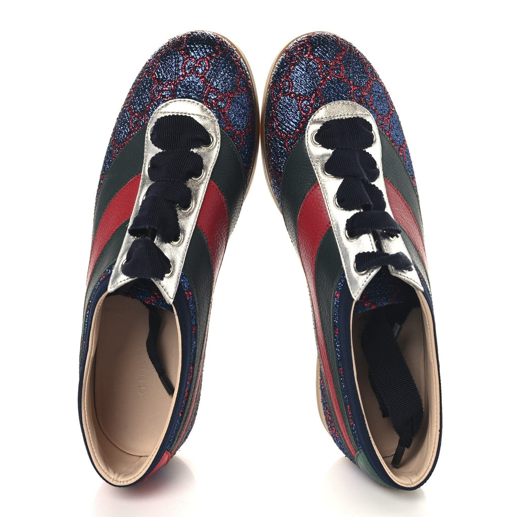 Gucci Lurex Calfskin Web GG Monogram Womens Falacer Sneakers 37 Iridescent Blue Iridescent Red Silver