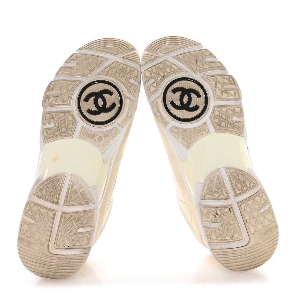 Chanel Suede Calfskin Fabric CC Sneakers 42 White
