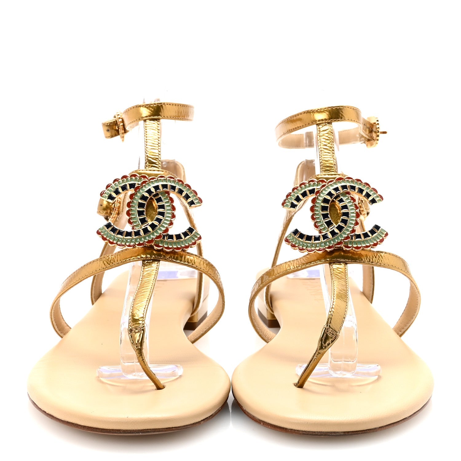 Laminated Lambskin Enamel CC Thong Sandals 38.5 Golden