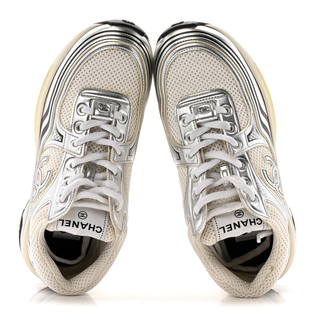 Fabric Laminated Calfskin Stretch CC Womens Sneakers 36 White Silver