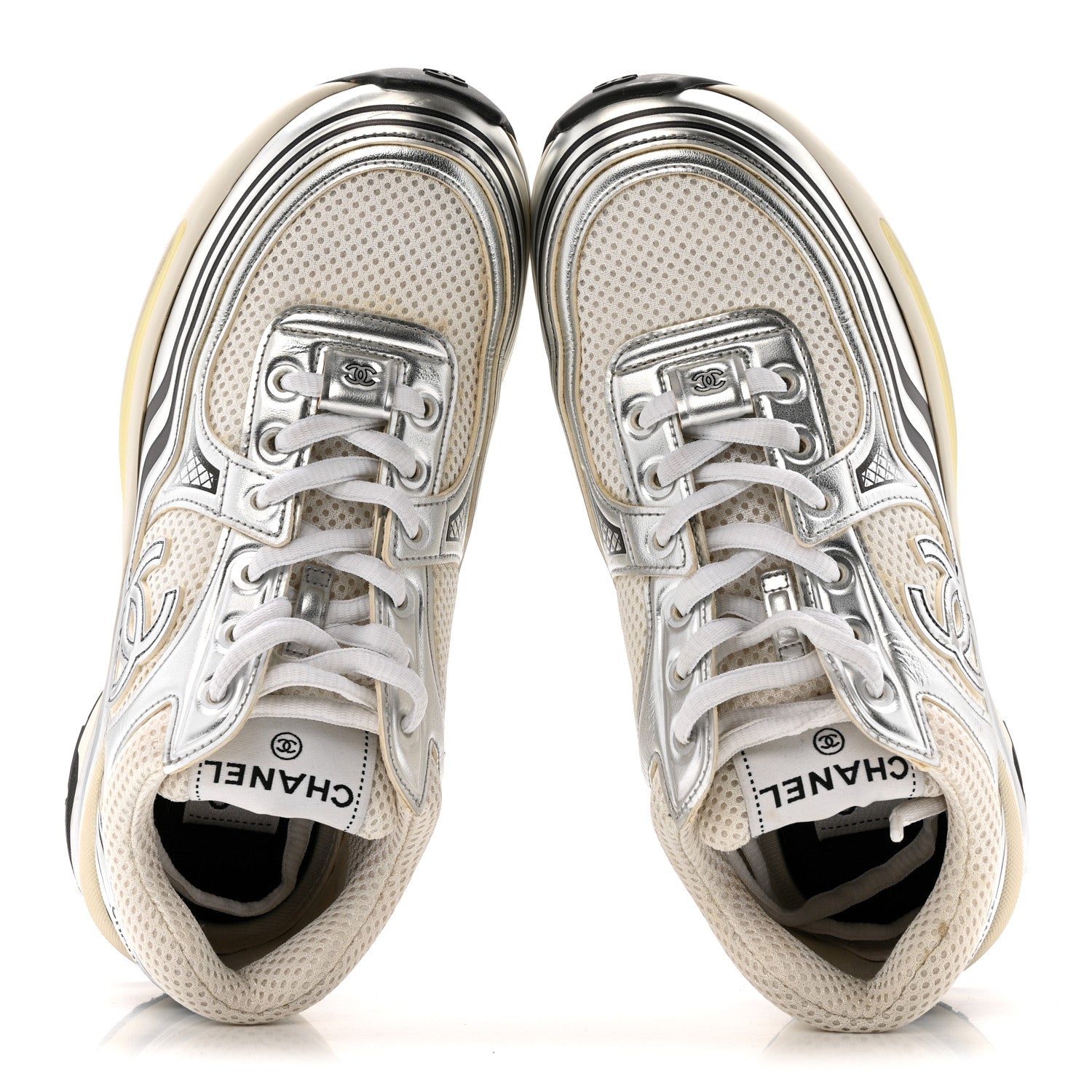 Fabric Laminated Calfskin Stretch CC Womens Sneakers 36 White Silver