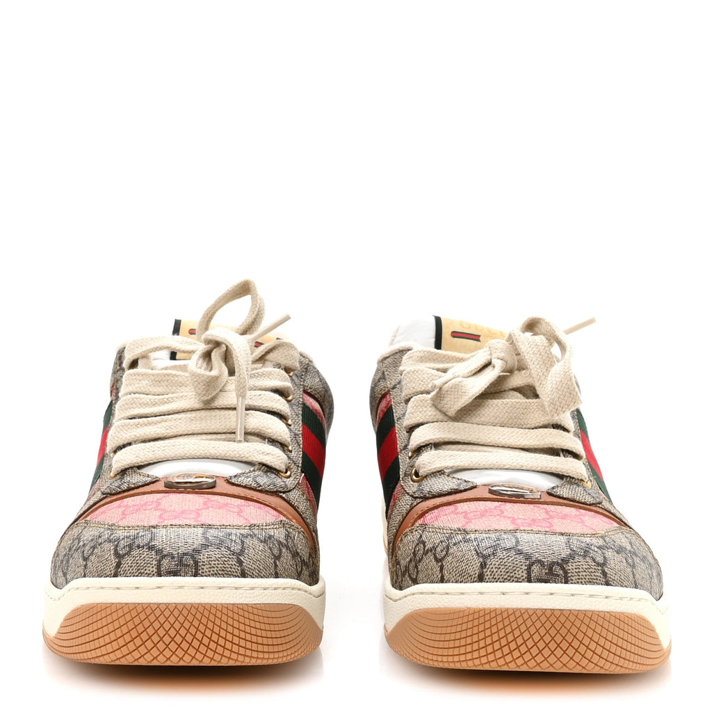 Gucci GG Supreme Monogram Harness Calfskin Web Mens Screener Sneakers 10.5 Beige Ebony Rosso Harness Brown
