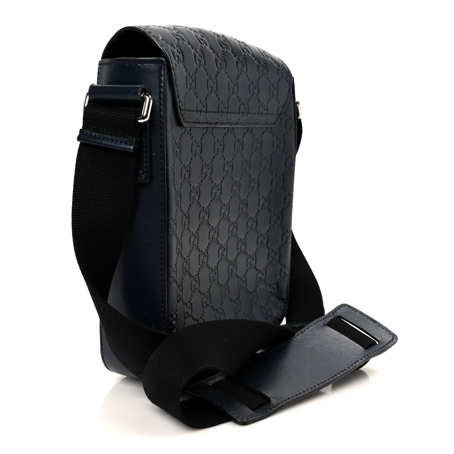Gucci Guccissima Signature Single Buckle Flap Messenger Bag Navy