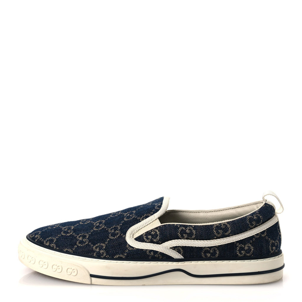 Gucci New Denim GG Monogram Mens 1977 Tennis Slip On Sneakers 8.5 Blue Tea Mystic White