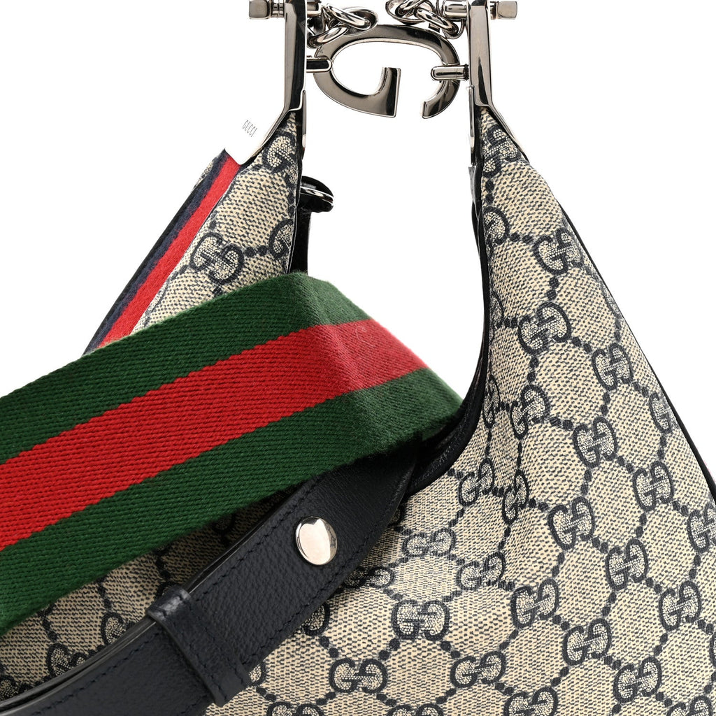 Gucci GG Supreme Monogram Textured Calfskin Web Small Attache Shoulder Bag Beige Blue