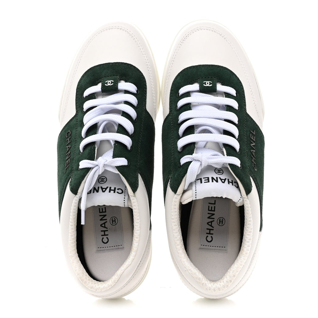 Calfskin Suede Calfskin Logo Womens Sneakers 37.5 White Dark Green
