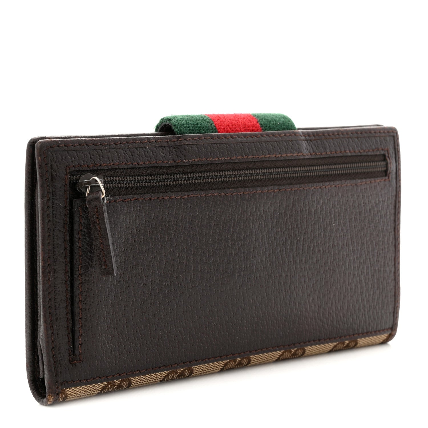 Gucci Monogram Calfskin Ladies Web Continental Wallet Beige Ebony Cocoa
