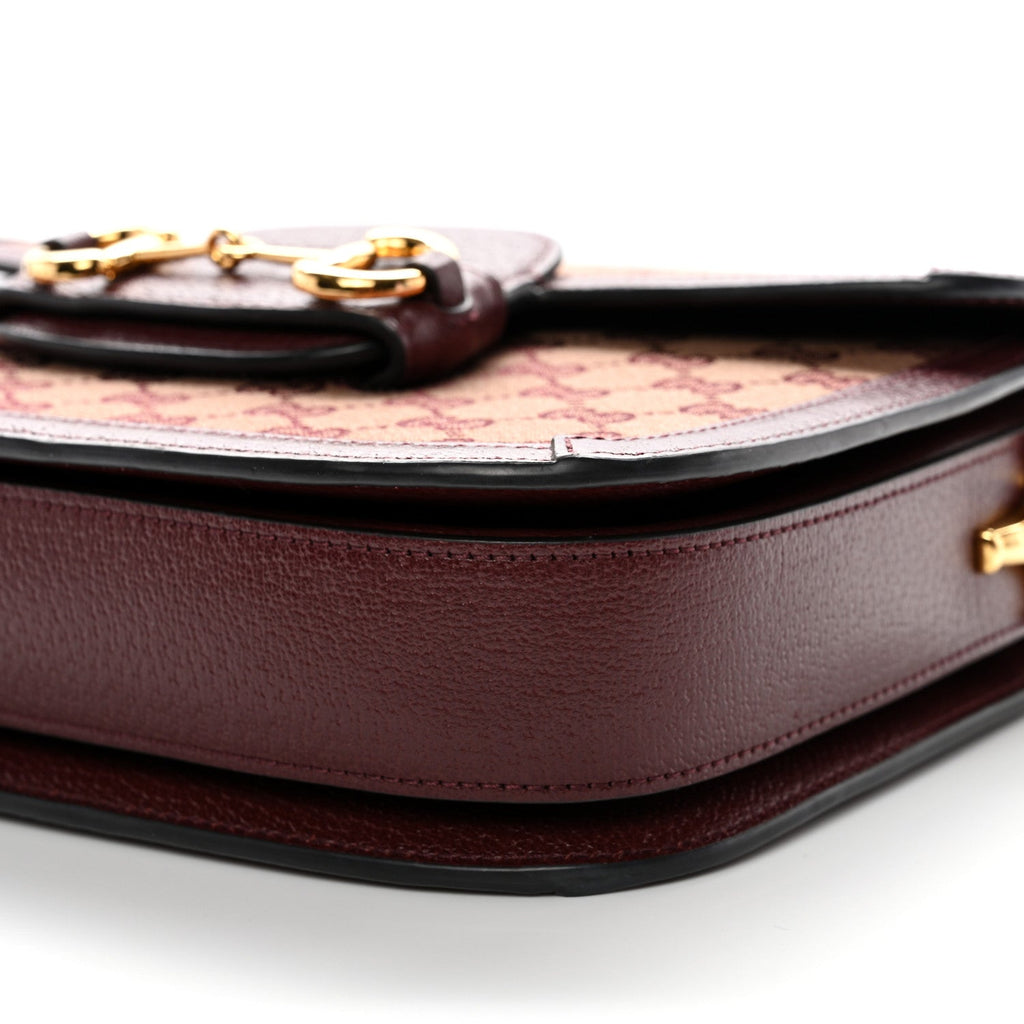 Gucci Monogram Textured Dollar Calfskin Horsebit 1955 Shoulder Bag Sahara Rubino Chardonnay