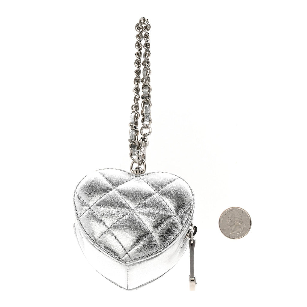 Metallic Lambskin Quilted CC Mini In Love Heart Bag Charm Silver